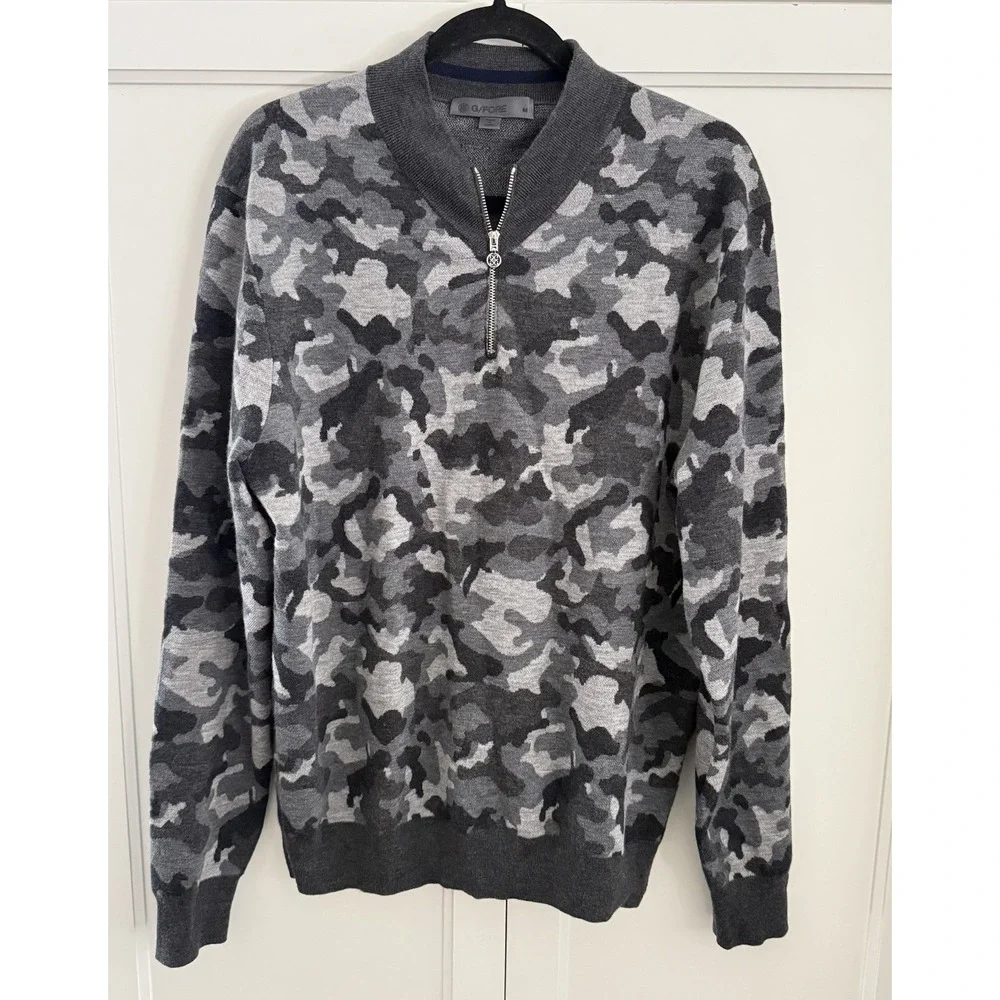 G/Fore 1/4 Zip Sweater Size L in Shades of Gray Camouflage 100% Wool EUC Golf